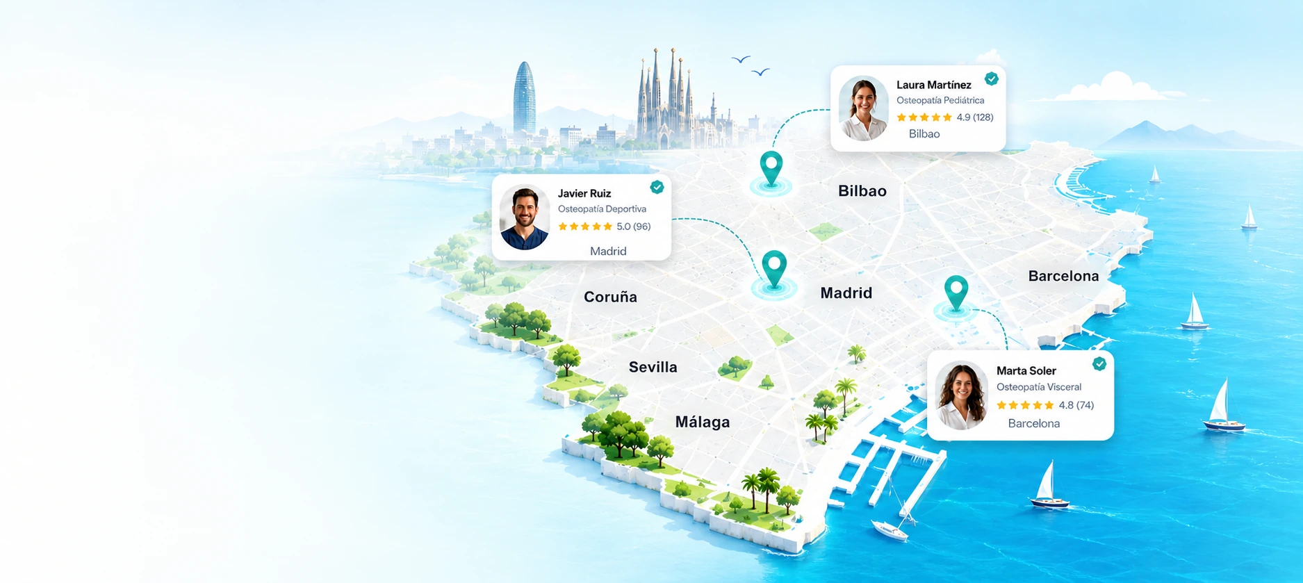 Mapa ilustrado con ciudades destacadas y osteópatas verificados de OsteoElite